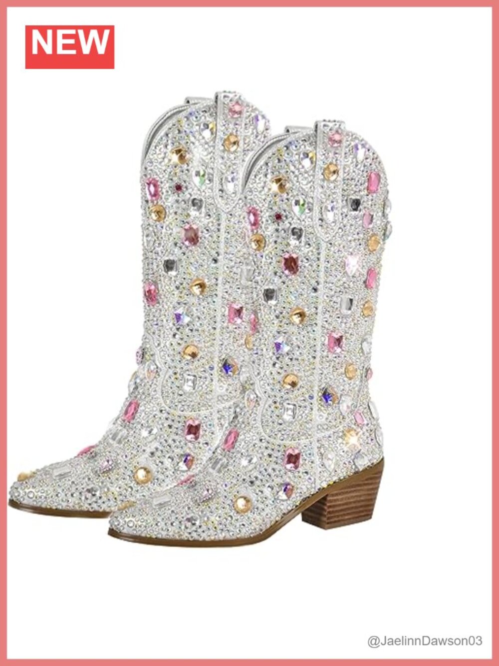 Glitter Rhinestone Cowboy Boots Calf High Pull On Tabs 2.2IN Heel Women